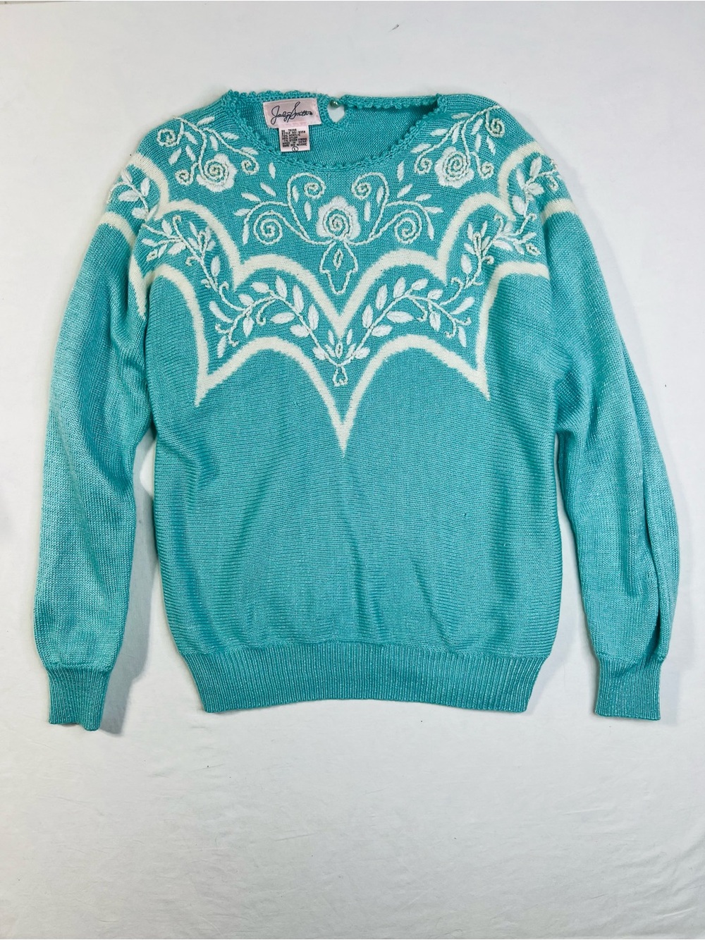 Jaclyn Smith Teal Crewneck Sweater with White Floral Design